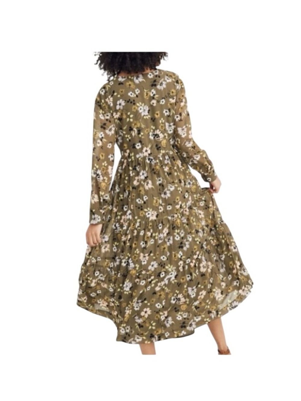 Madewell Cinch-Waist Tiered Midi Dress Wildblooms Olive Green Floral Cottage M - Picture 3 of 10